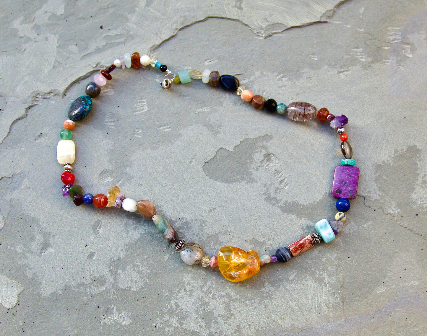 Multi-stone and Amber Sterling Silver Necklace
