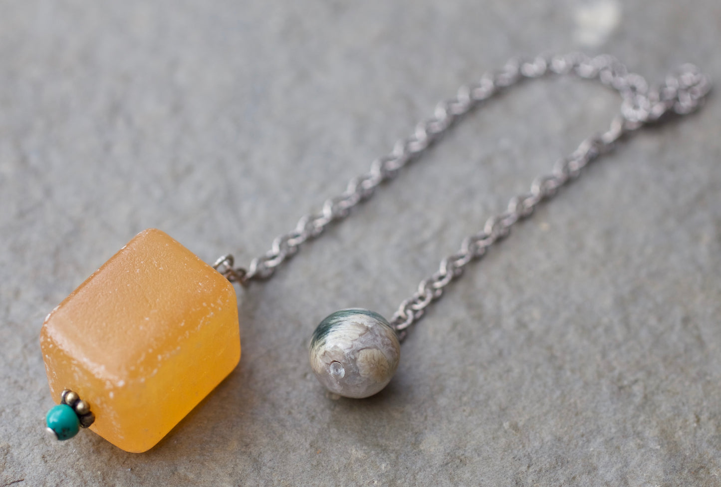 Agate, Yellow Calcite, Turquoise, and Sterling Silver Pendulum