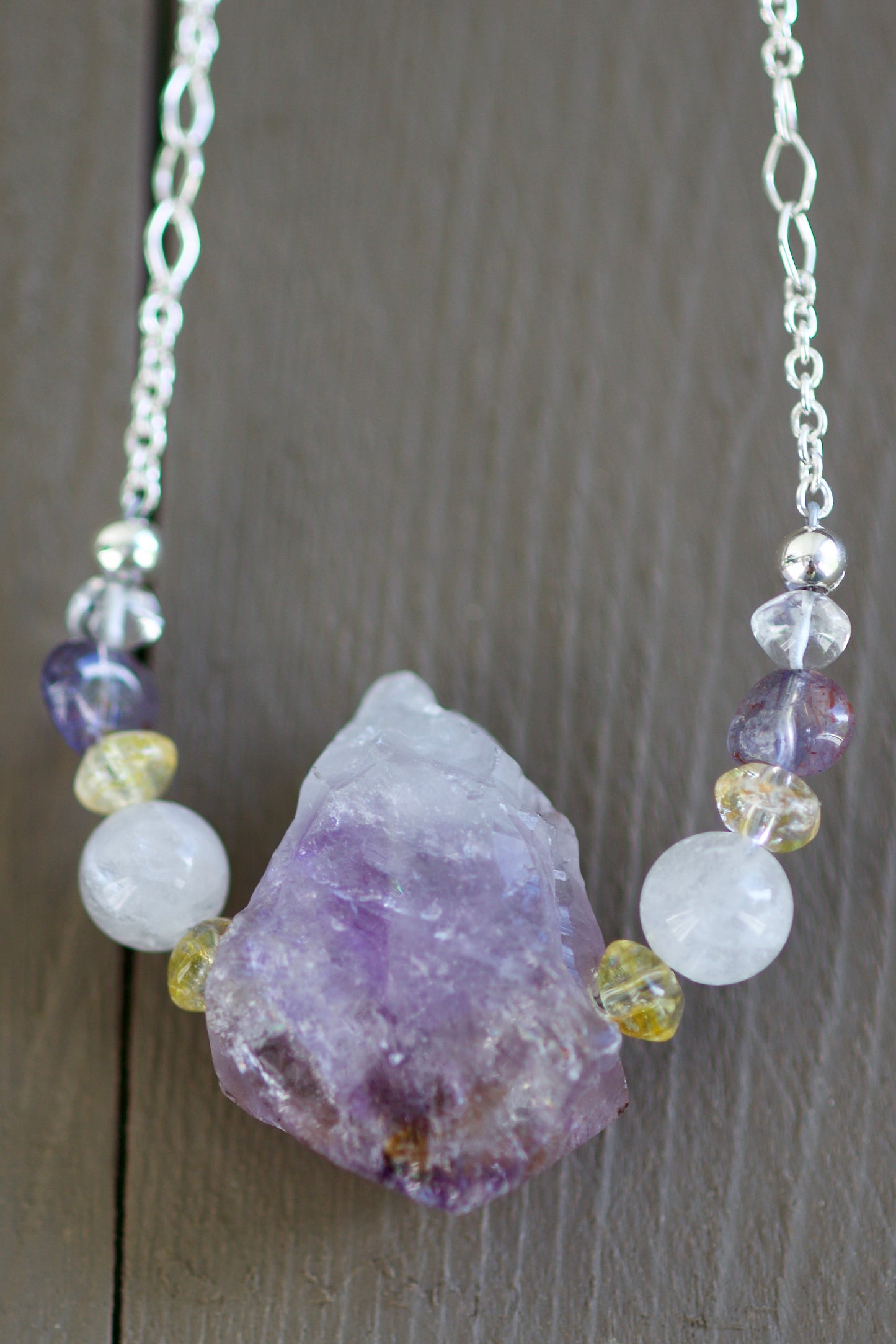 Amethyst Crystal Point with Inclusions, Clear Quartz, Milky Quartz, Iolite, and Sterling Silver Necklace