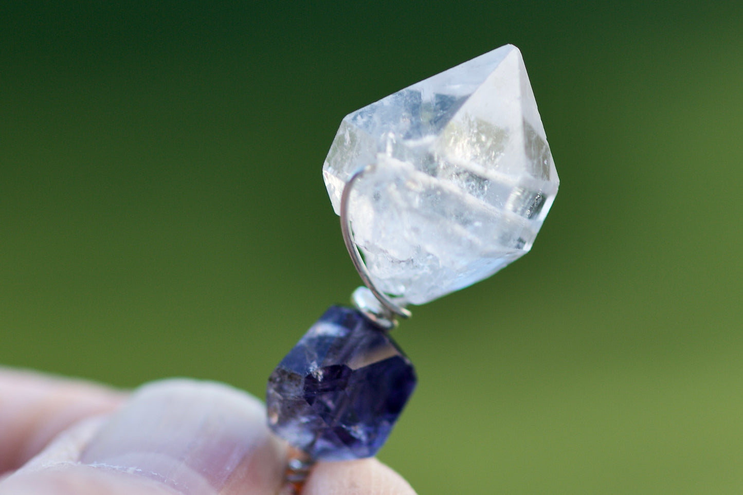 Double Termination Tibetan Quartz Crystal, Iolite, Thai and Sterling Silver Pendant Necklace