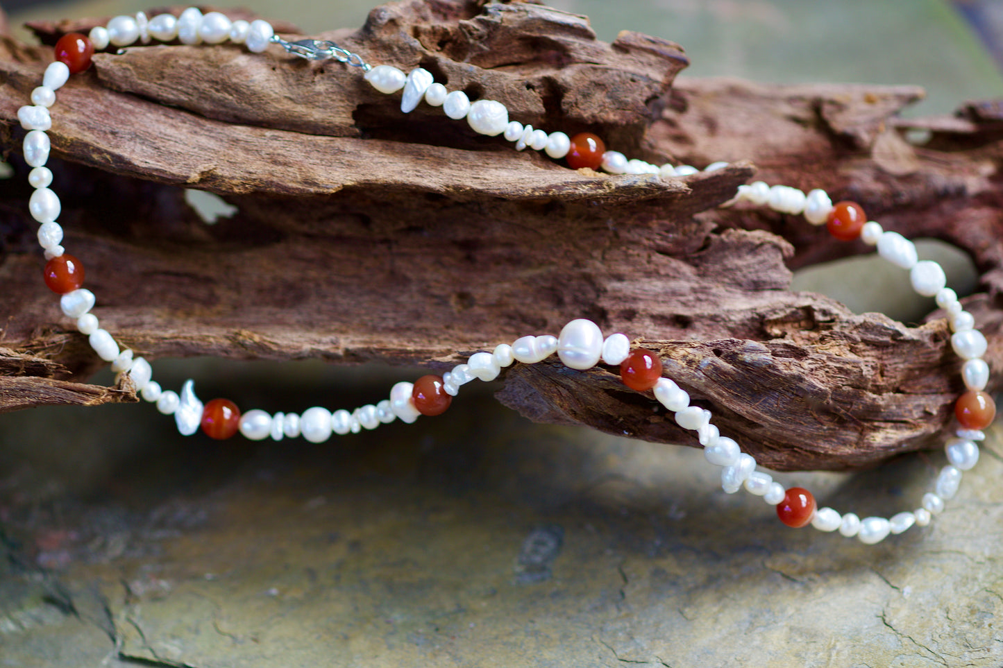 Freshwater Pearl, Carnelian, and Sterling Silver Necklace