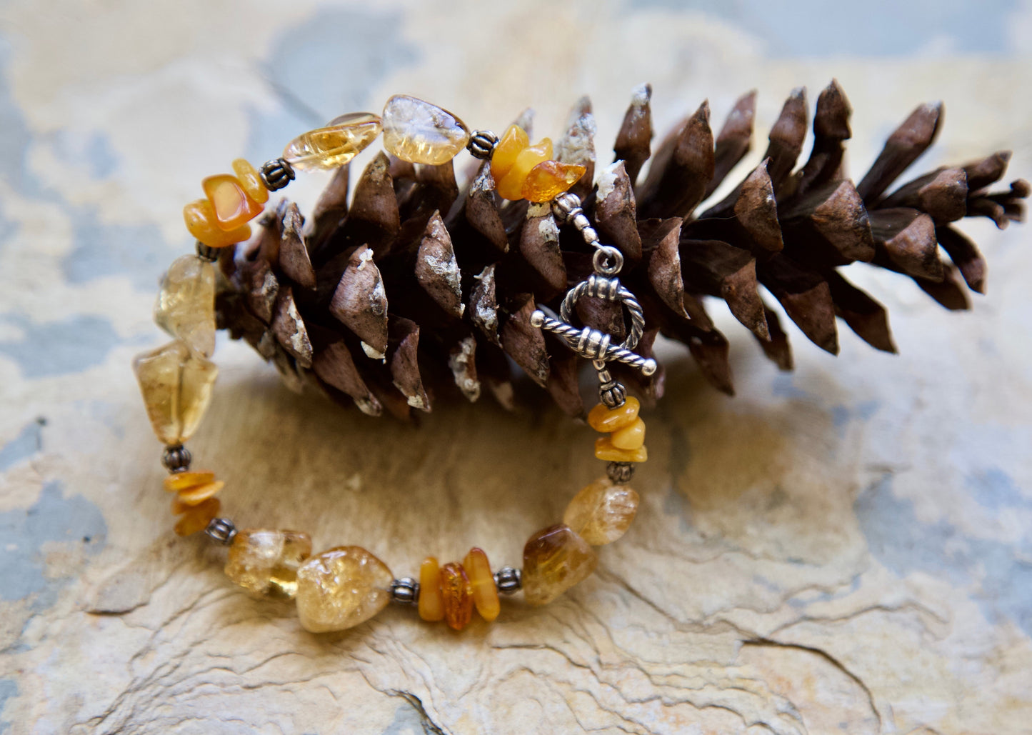 Citrine, Amber, and Sterling Silver Bracelet to fit a size 7.25" wrist