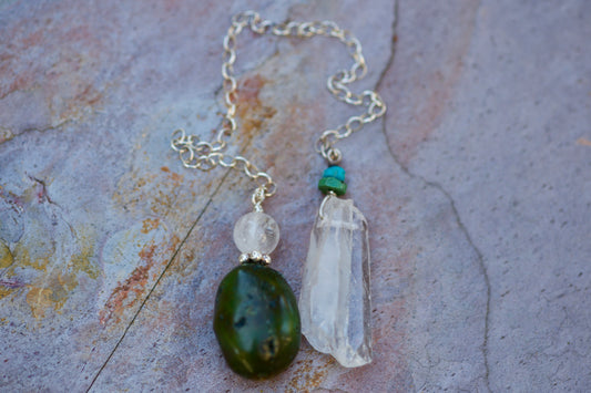 Turquoise, Twin Quartz Warior Crystal with Growth Interference and Mineral Coating, and Sterling Silver Double-sided Pendulum