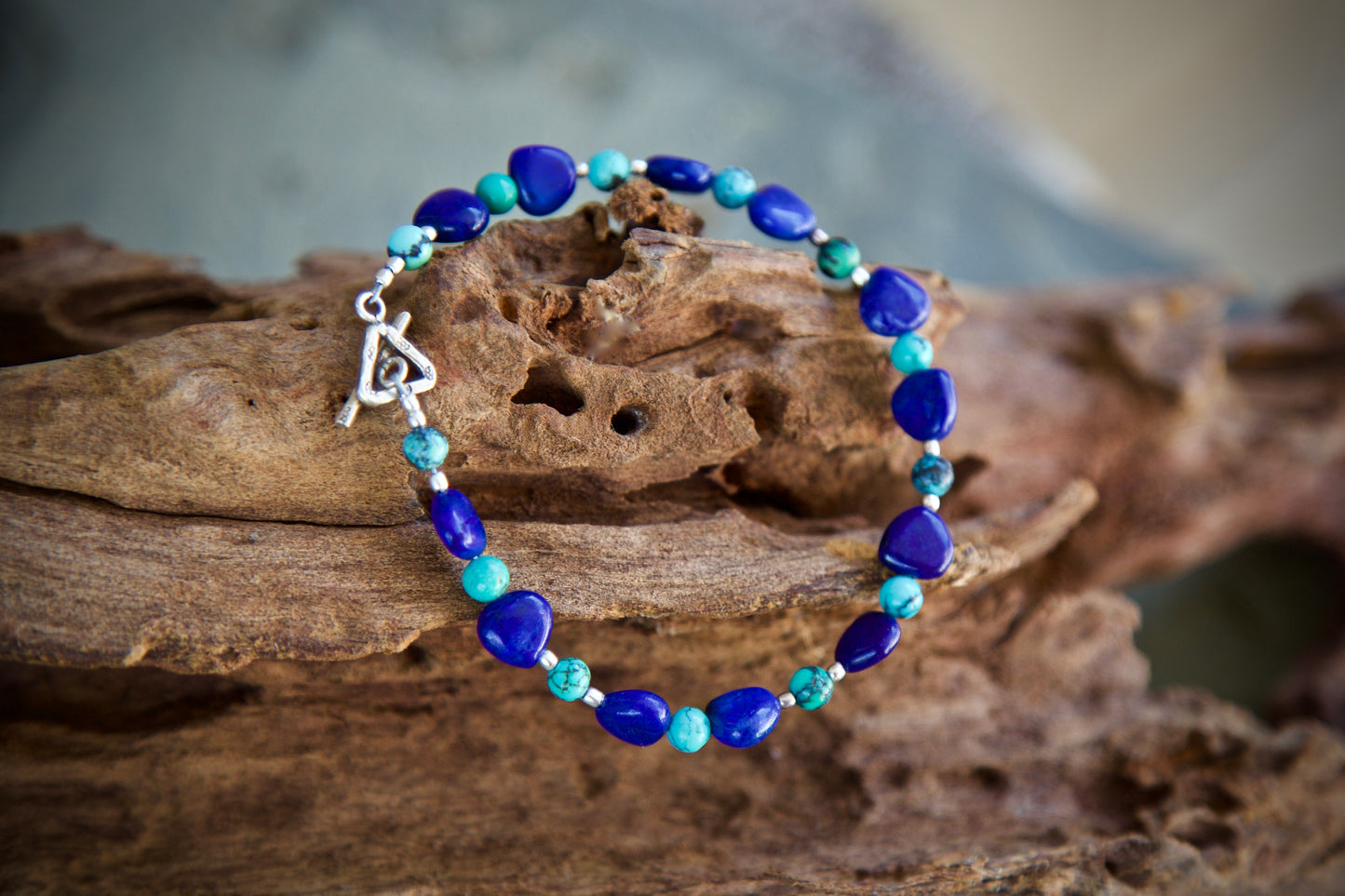 Lapis Lazuli, Turquoise, and Sterling Silver Bracelet to fit a 7.25 inch wrist