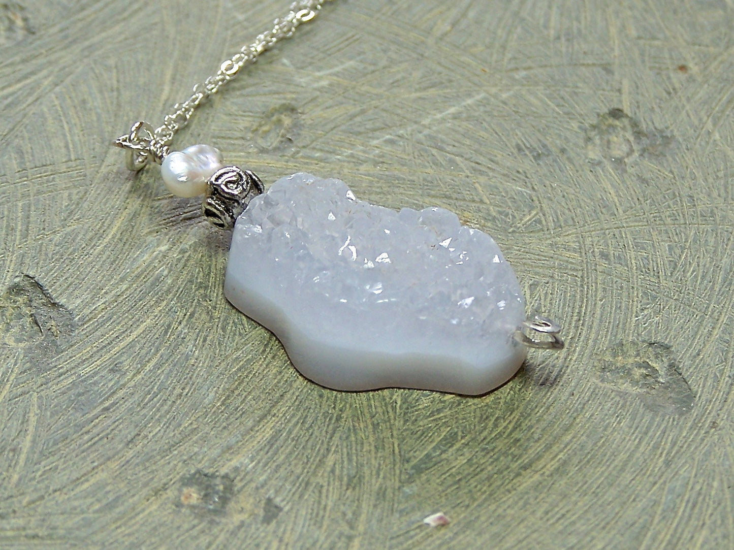 Sale! Drusy Blue Lace Agate, Freshwater Pearl, and Sterling Silver Pendant Necklace