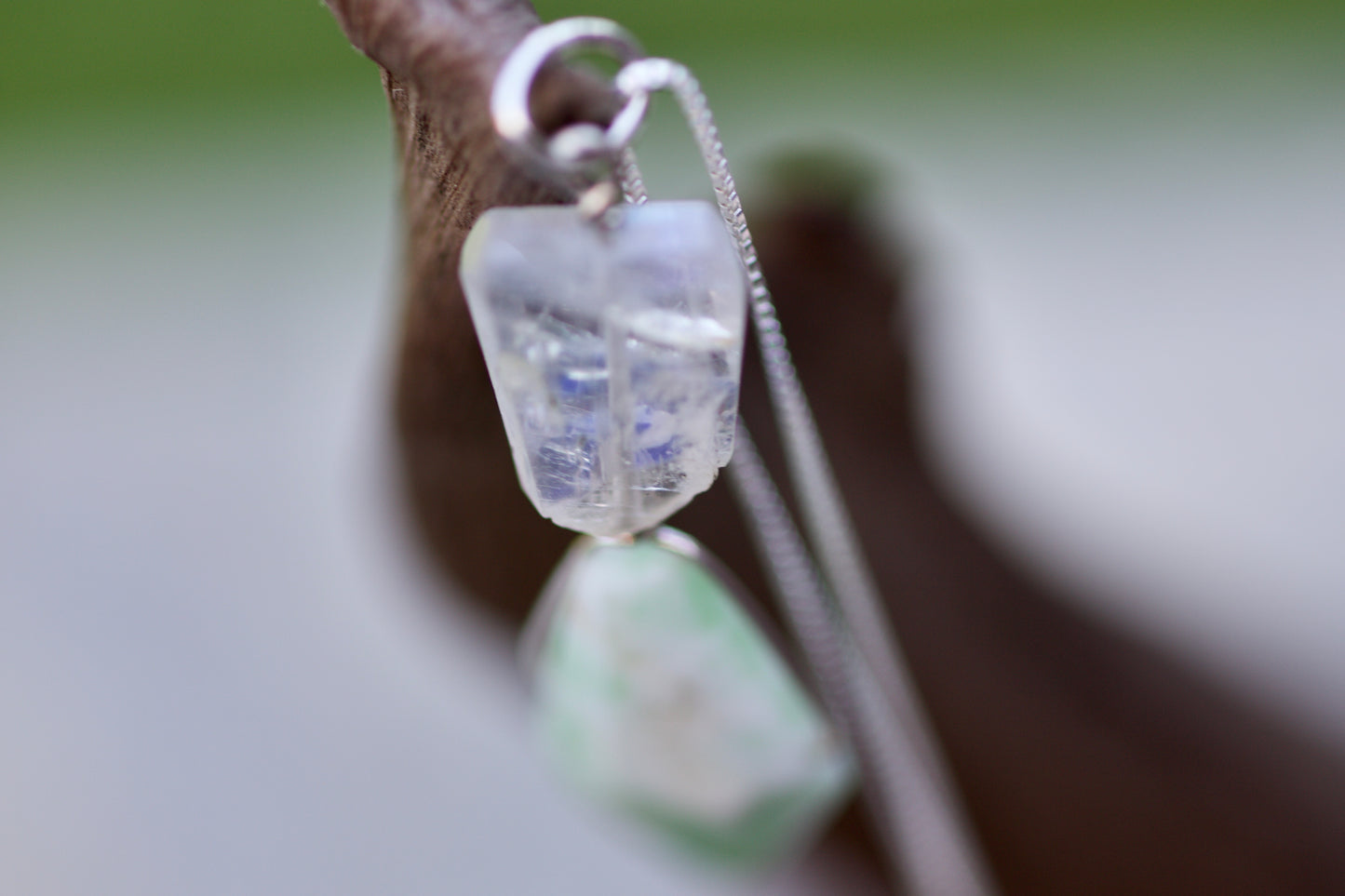 Rainbow Moonstone, Chrysoprase, and Sterling Silver Pendant Necklace