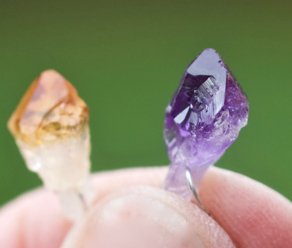 One of Each: Tiny Raw Amethyst Crystal Point, Tiny Raw Citrine Crystal Point, and Sterling Silver Non-Matching Earrings