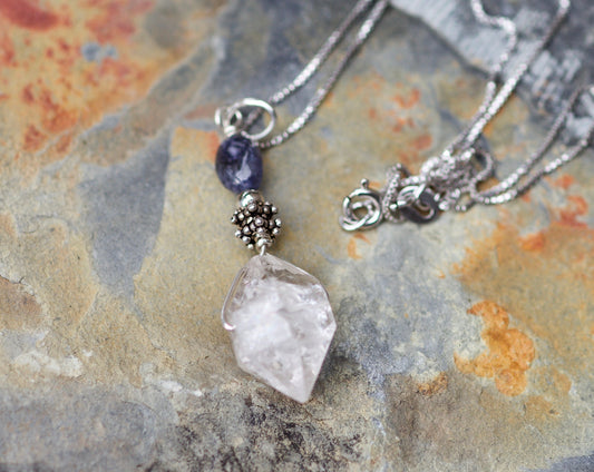 DT Tibetan Clear Quartz Bridge Crystal, Iolite, and Sterling Silver Pendant Necklace