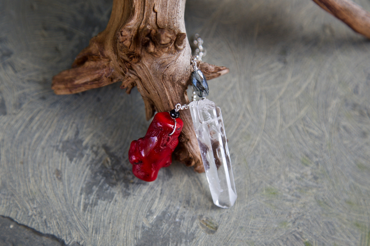Red Coral, Onyx, Tourmalinated Quartz, Single Termination Clear Quartz Shovel Crystal, and Sterling Silver Double-sided Pendulum