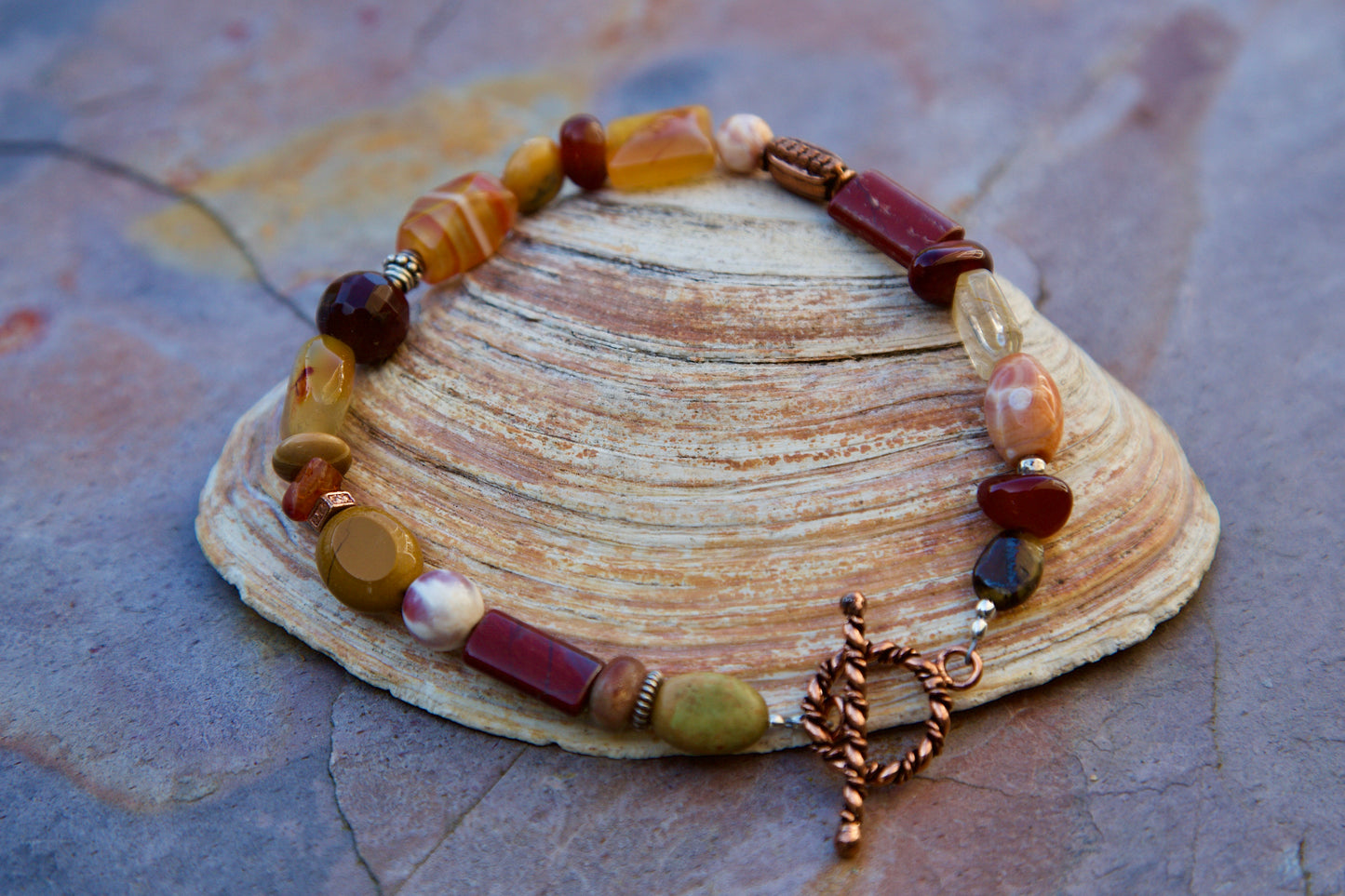 Orange Stones, Sterling Silver, and Copper Bracelet to fit an 8 inch wrist