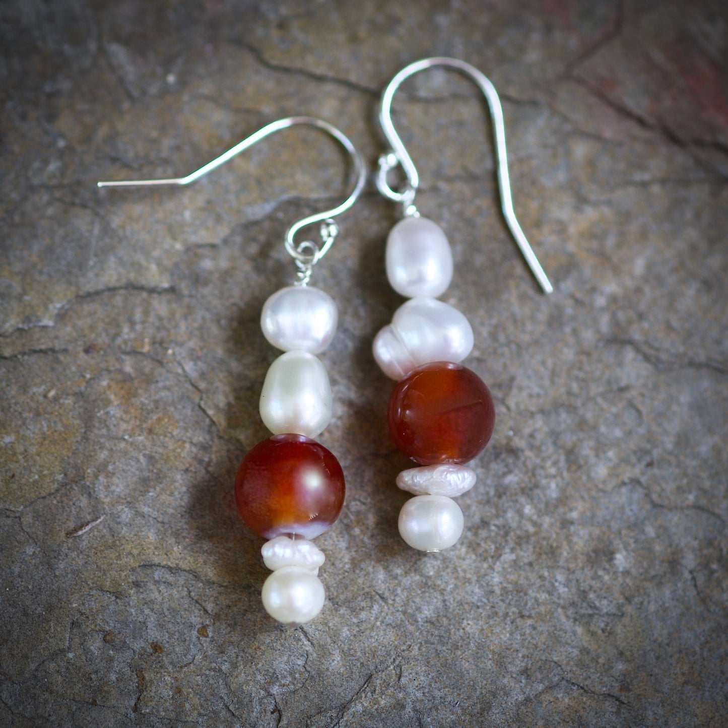 Freshwater Pearl, Carnelian, and Sterling Silver Earrings