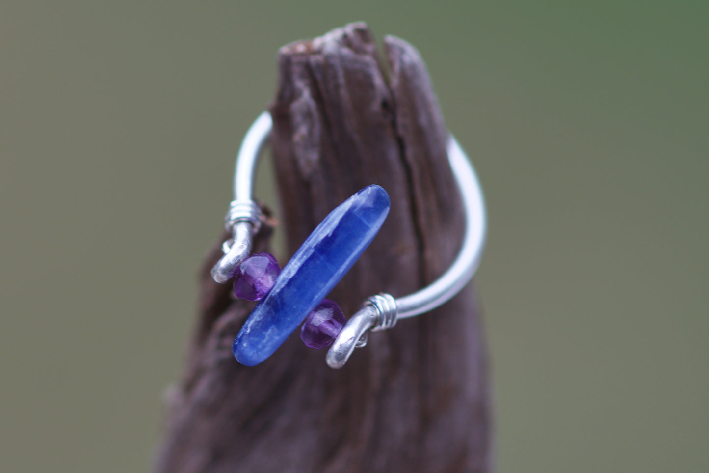 Blue Kyanite, Amethyst, and Sterling Silver Wire Ring, size 4.25