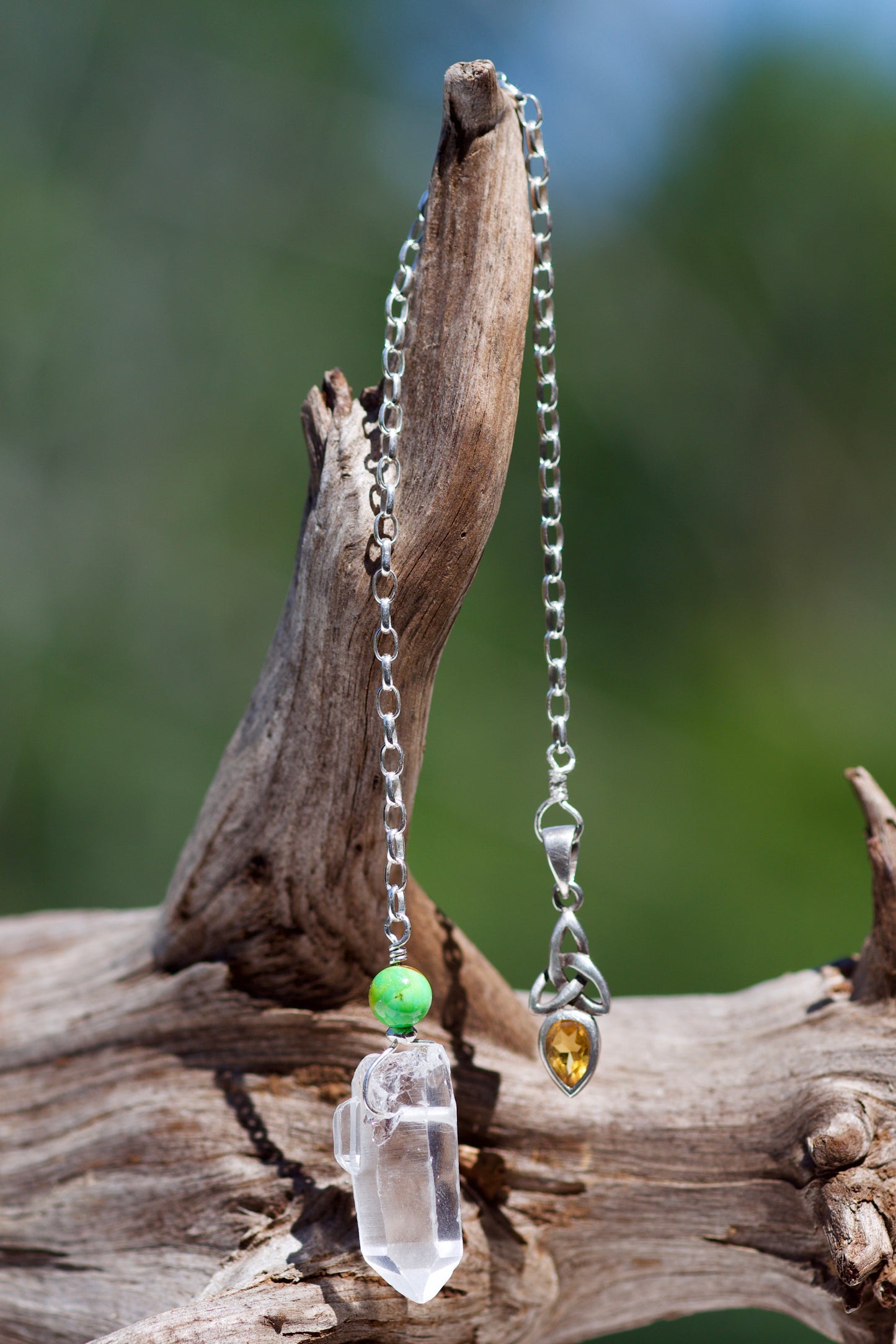 Celtic Triquetra & Citrine Charm, Mojave Turquoise, Clear Quartz Dolphin Dow Crystal, and Sterling Silver Double-sided Pendulum