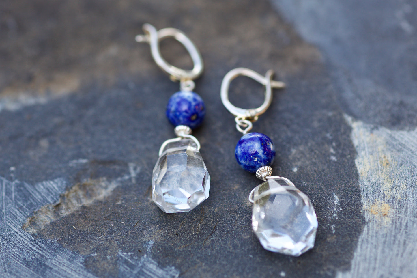 Lapis Lazuli, Faceted Clear Quartz, and Sterling Silver Earrings