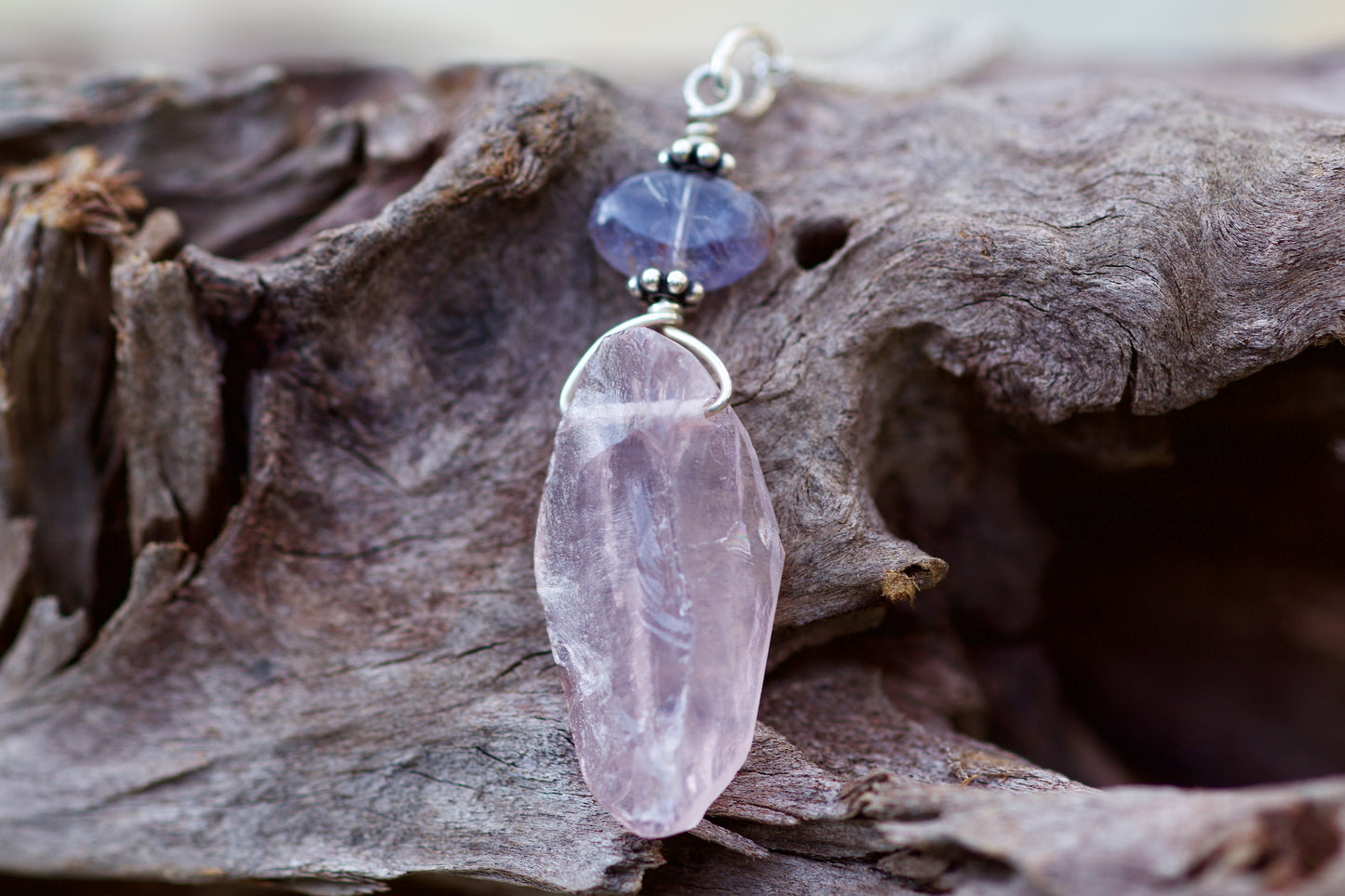 Iolite, Rose Quartz, and Sterling Silver Pendant Necklace