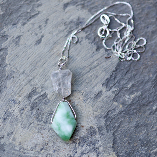 Rainbow Moonstone, Chrysoprase, and Sterling Silver Pendant Necklace