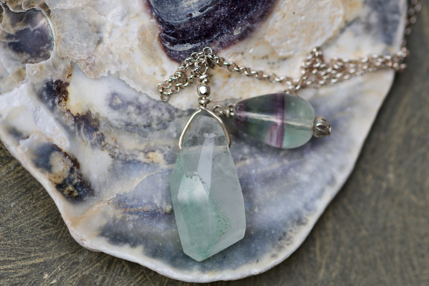 Fluorite, Green Phantom Quartz, Thai and Sterling Silver Double-sided Pendulum