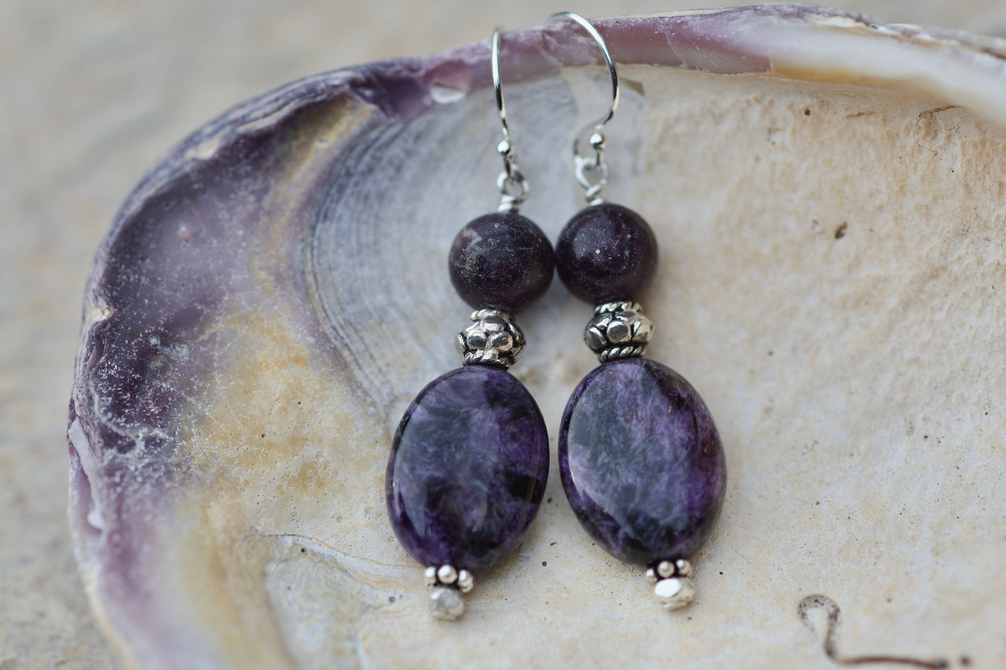 Charoite, Lepidolite, and Sterling Silver Earrings