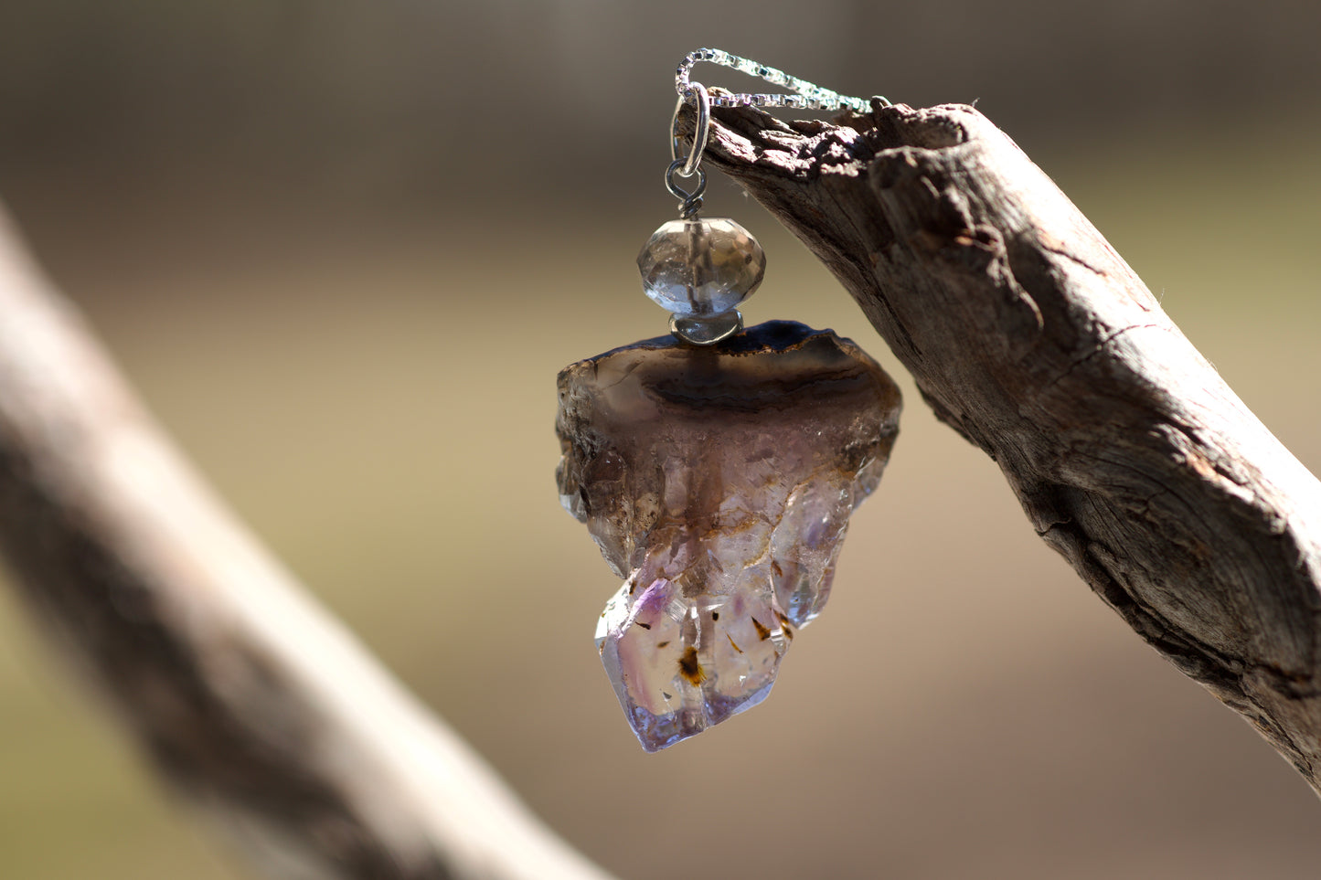 Polished Amethyst Slice, Smoky Quartz, Thai and Sterling Silver Pendant Necklace