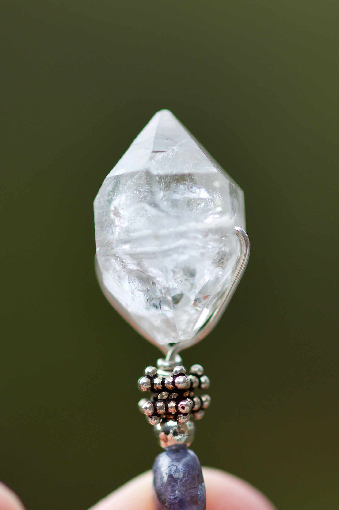 DT Tibetan Clear Quartz Bridge Crystal, Iolite, and Sterling Silver Pendant Necklace