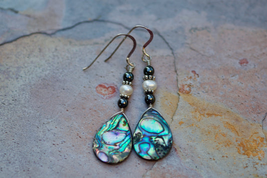 Hematite, Freshwater Pearl, Abalone, and Sterling Silver Earrings
