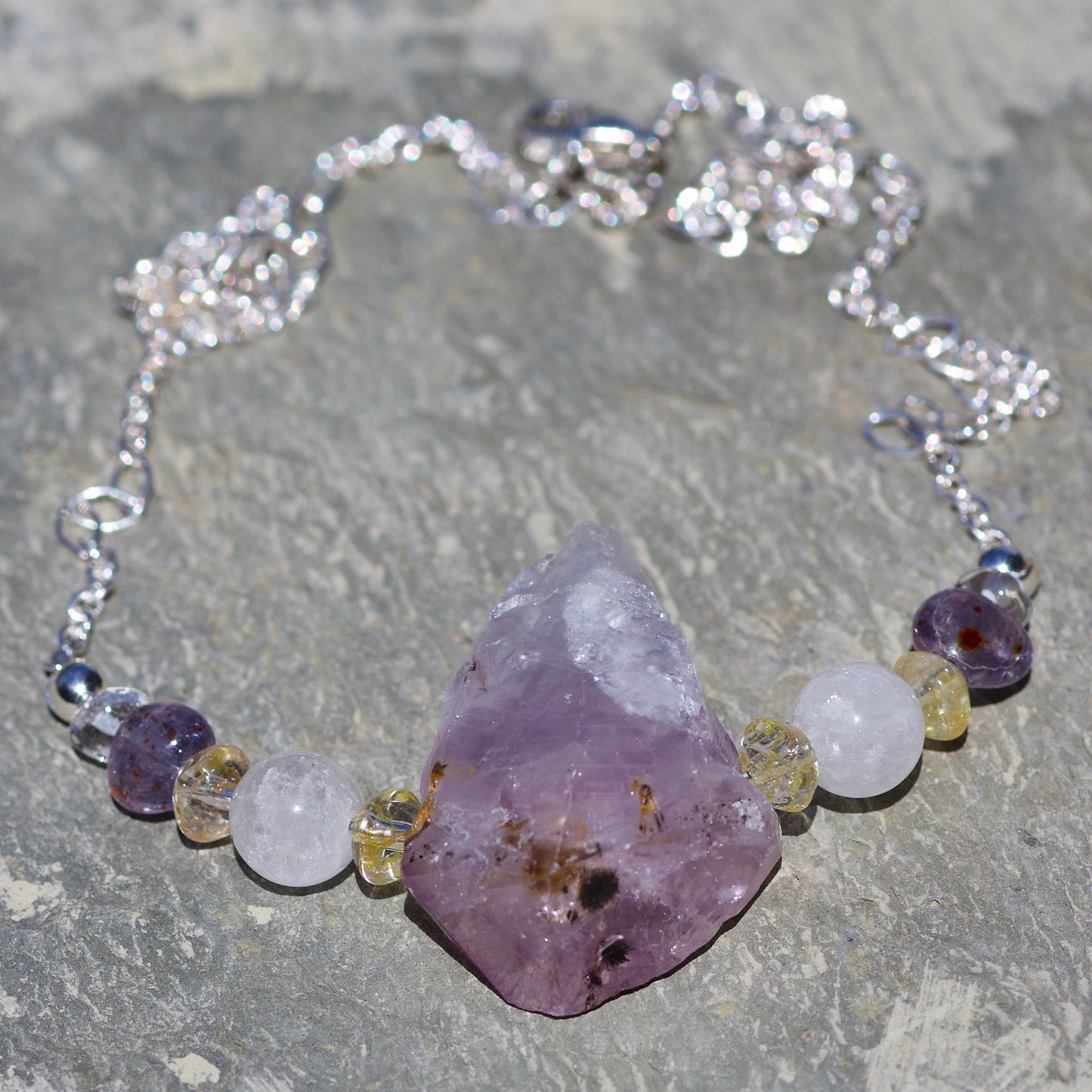 Amethyst Crystal Point with Inclusions, Clear Quartz, Milky Quartz, Iolite, and Sterling Silver Necklace