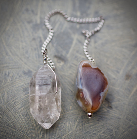 Double Termination Clear Quartz Warrior Crystal, Botswana Agate, and Sterling Silver Double-sided Pendulum