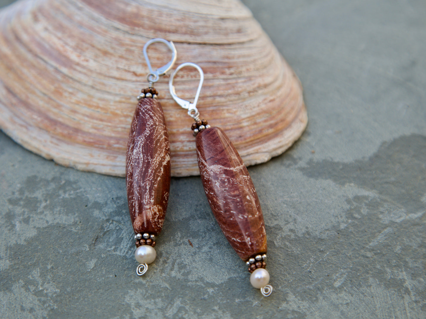 Red Jasper, Copper and Sterling Silver Lever Back Earrings