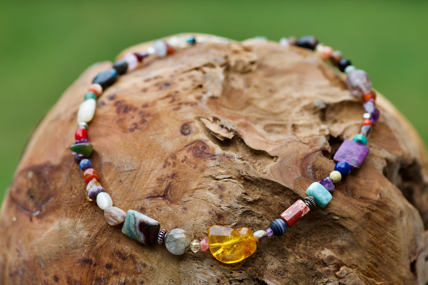 Multi-stone and Amber Sterling Silver Necklace