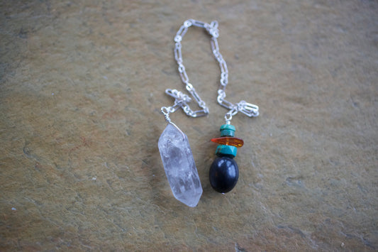 Turquoise, Amber, Jet, DT Clear Quartz Phantom Devic Temple Curved Manifestation Crystal, and Sterling Silver Double-sided Pendulum