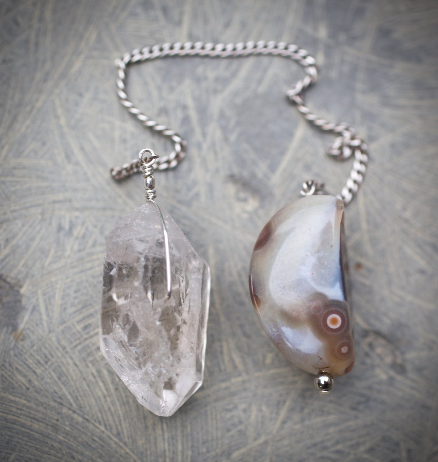 Double Termination Clear Quartz Warrior Crystal, Botswana Agate, and Sterling Silver Double-sided Pendulum