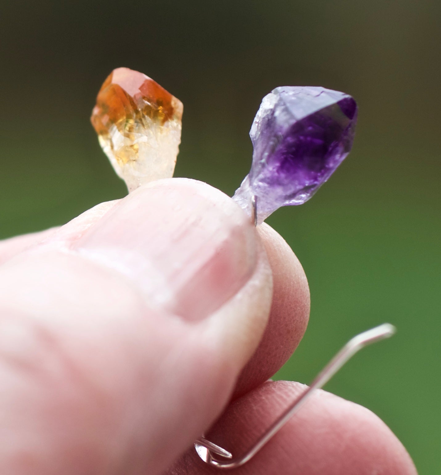 One of Each: Tiny Raw Amethyst Crystal Point, Tiny Raw Citrine Crystal Point, and Sterling Silver Non-Matching Earrings