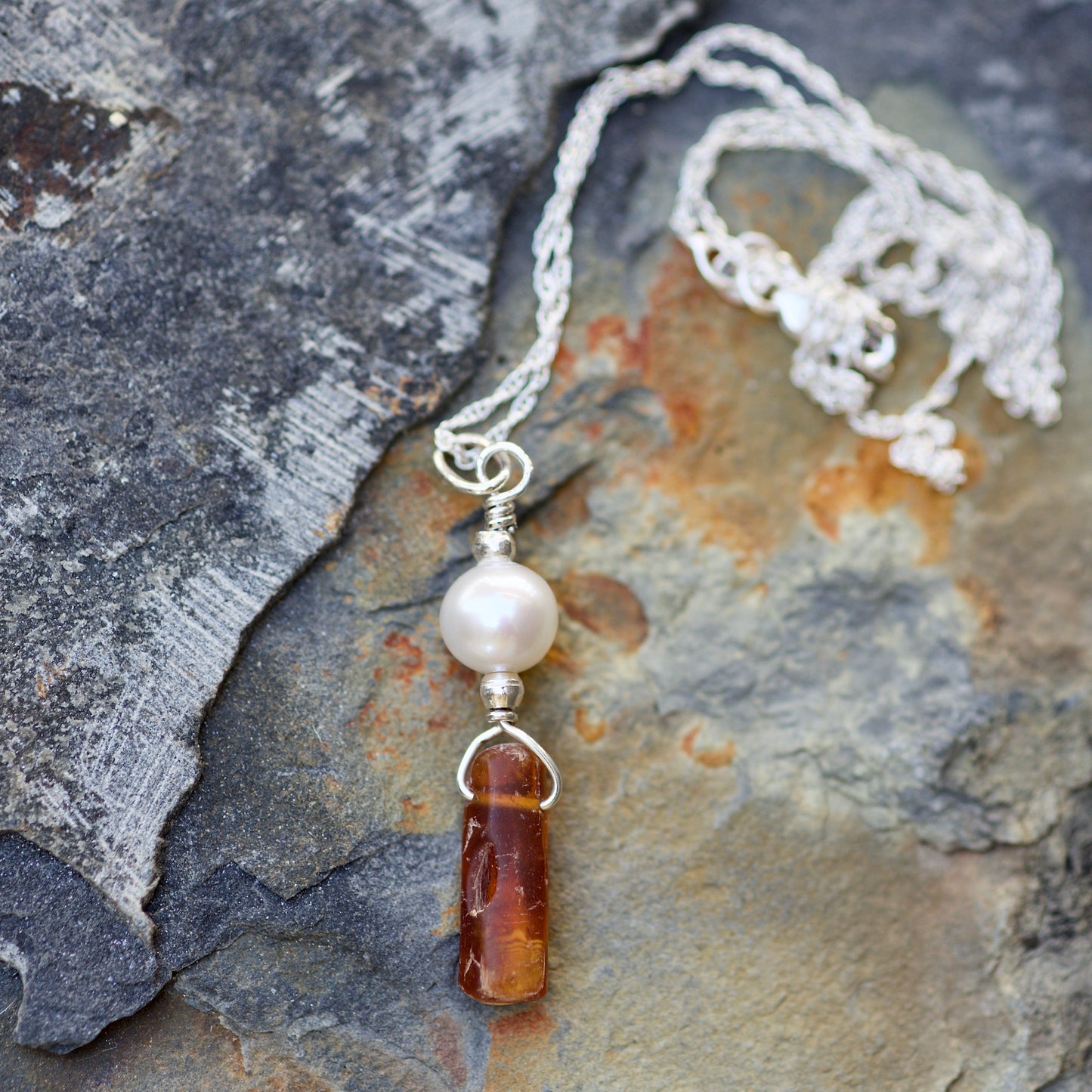 Freshwater Pearl, Orange Kyanite, and Sterling Silver Pendant Necklace