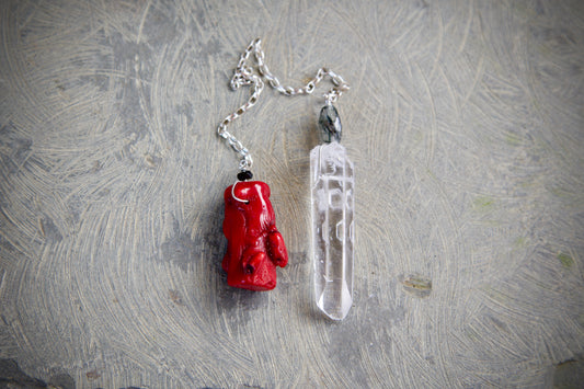 Red Coral, Onyx, Tourmalinated Quartz, Single Termination Clear Quartz Shovel Crystal, and Sterling Silver Double-sided Pendulum