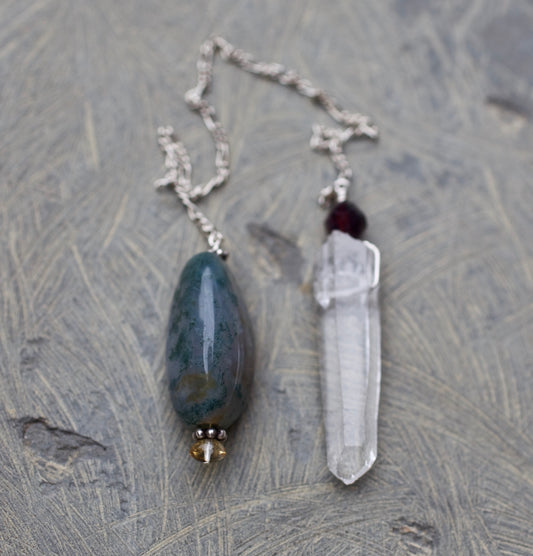 Moss Agate, Citrine, Garnet, Clear Quartz Crystal, and Sterling Silver Double-sided Pendulum