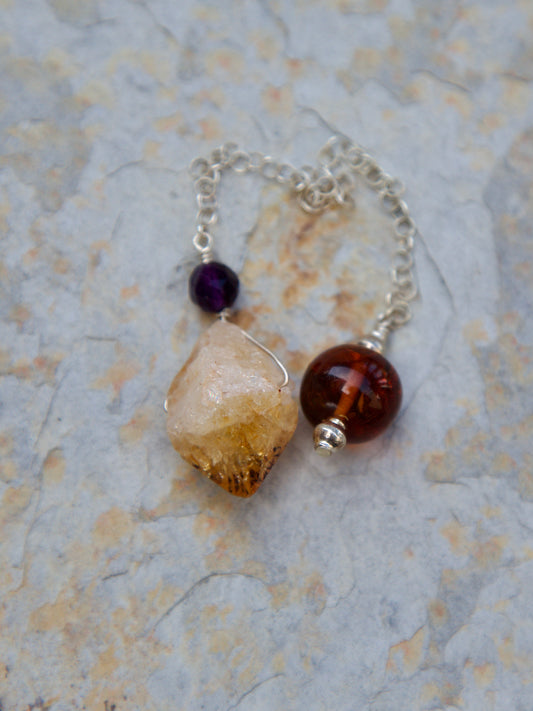 Amber, Amethyst, Citrine Point and Sterling Silver Double-sided Pendulum