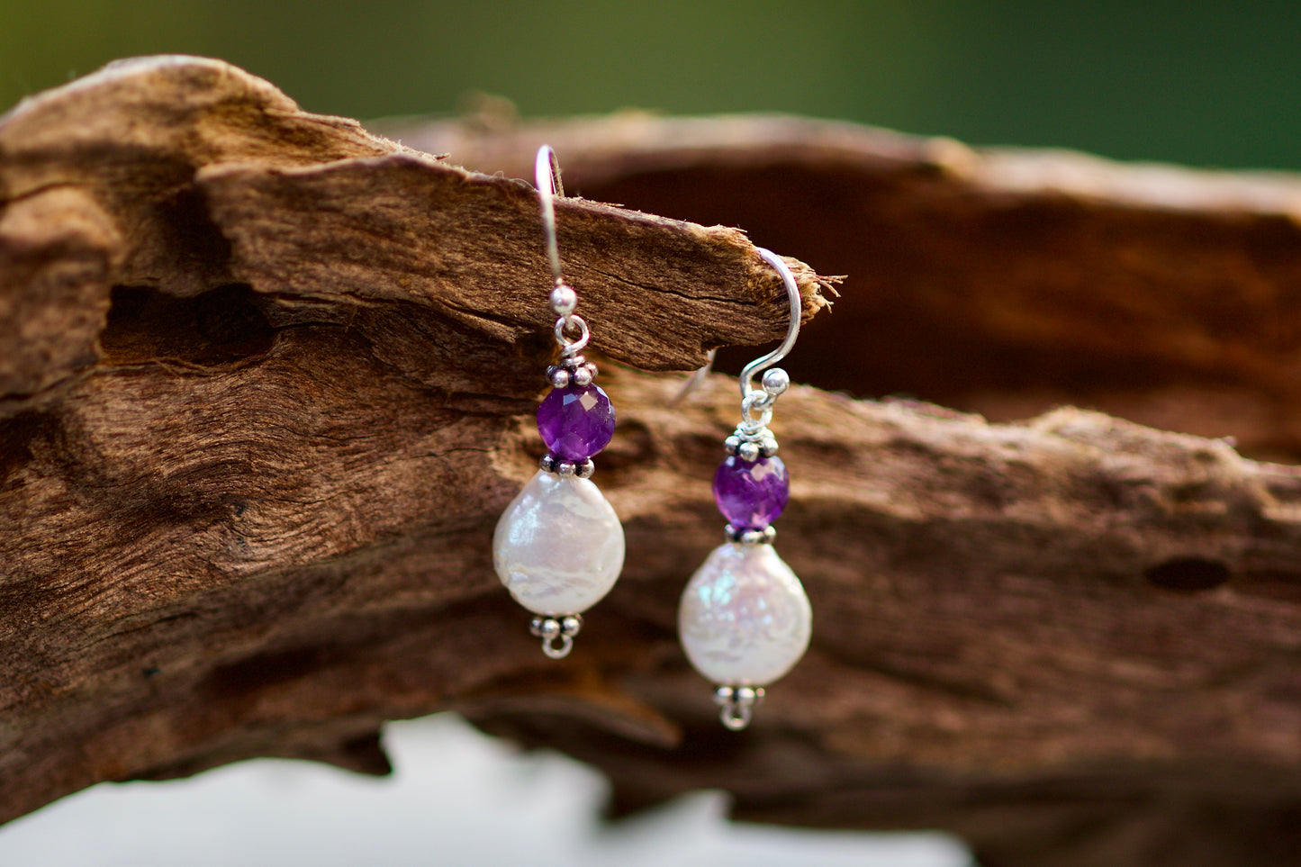 Amethyst, White Coin Pearl, and Sterling Silver Earrings and Pendant / Necklace Set