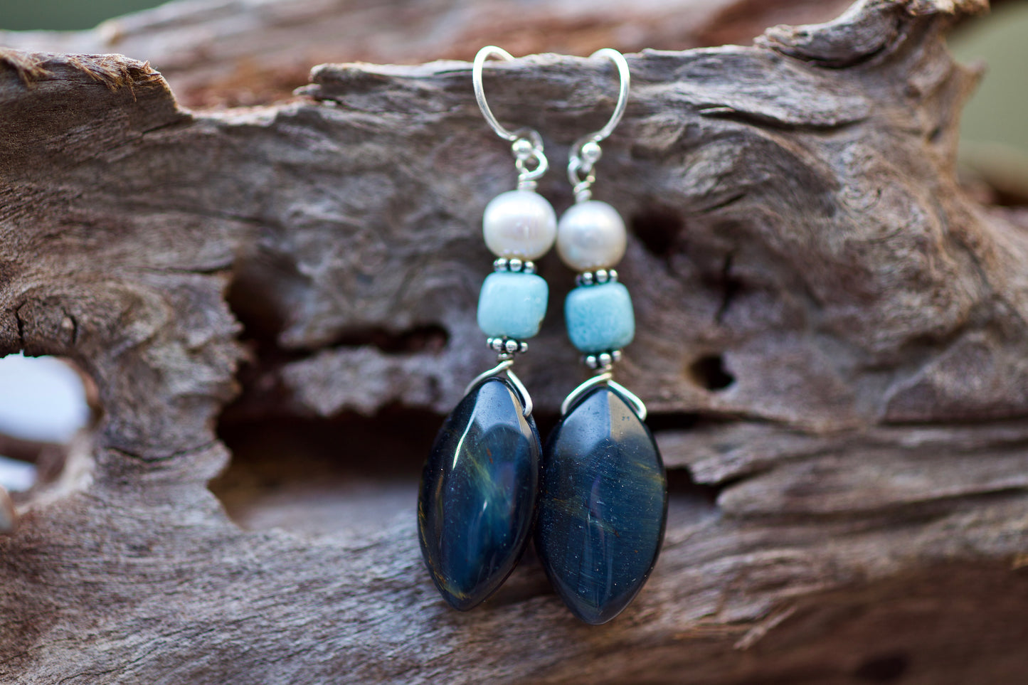 Hawk Eye (Blue Tiger Eye), Larimar, Freshwater Pearl, and Sterling Silver Earrings