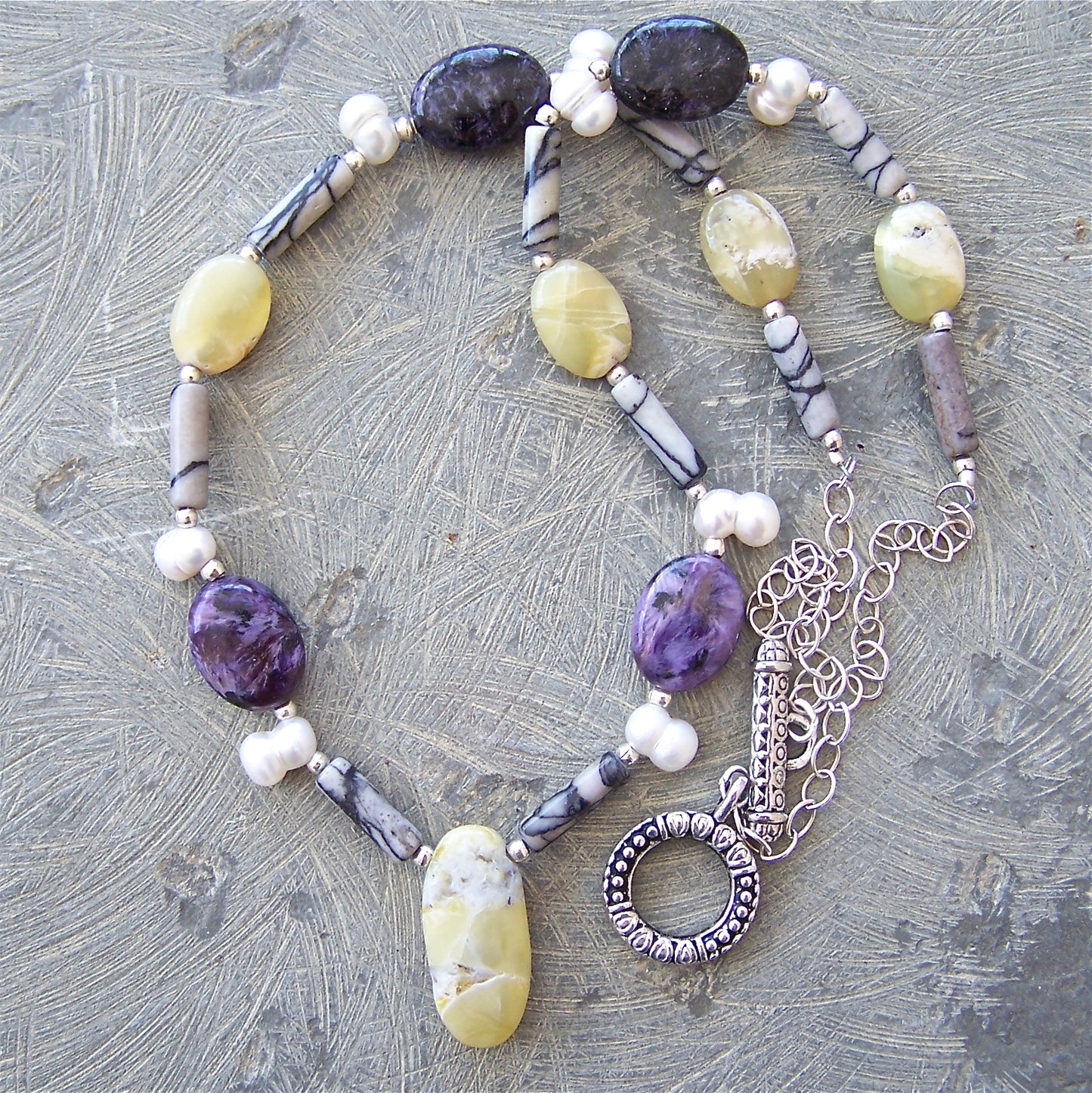 Yellow Opal, Black Webbed Jasper, Sugilite, Freshwater Pearl, Bali and Sterling Silver Necklace and Coordinating Earrings Set