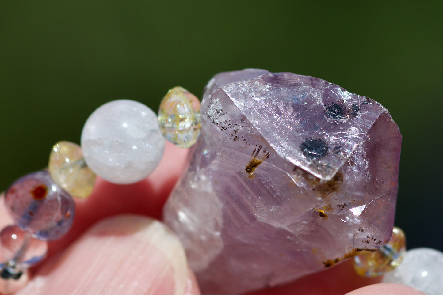 Amethyst Crystal Point with Inclusions, Clear Quartz, Milky Quartz, Iolite, and Sterling Silver Necklace