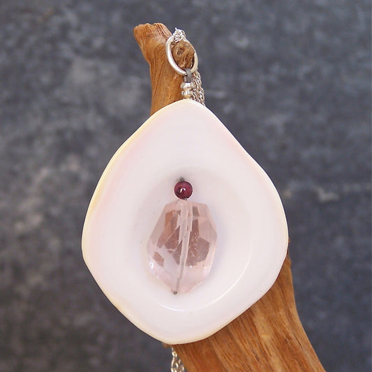 Shell, Rose Quartz, Garnet and Sterling Silver Pendant Necklace