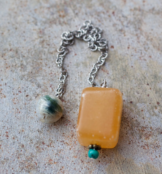 Agate, Yellow Calcite, Turquoise, and Sterling Silver Pendulum