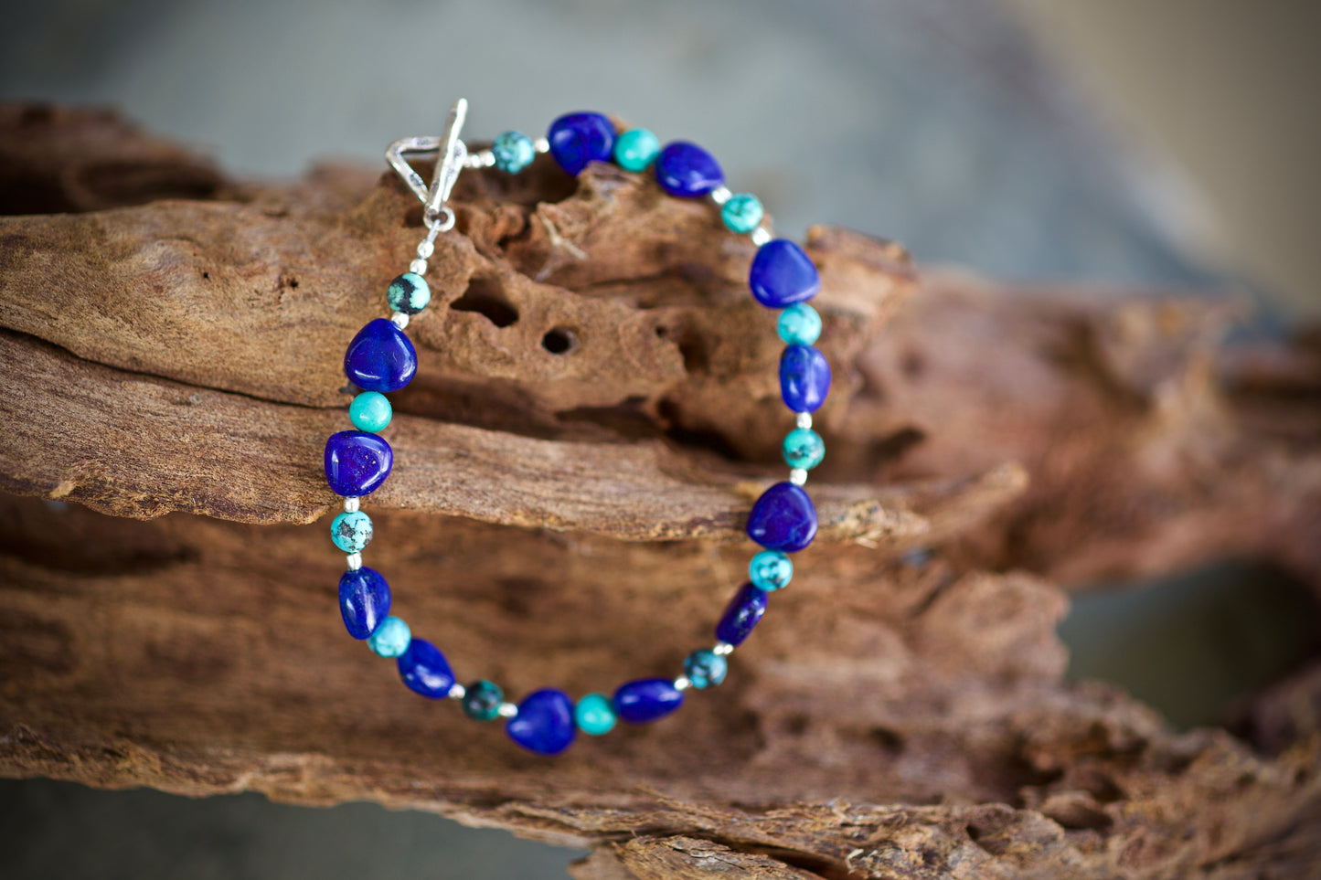 Lapis Lazuli, Turquoise, and Sterling Silver Bracelet to fit a 7.25 inch wrist