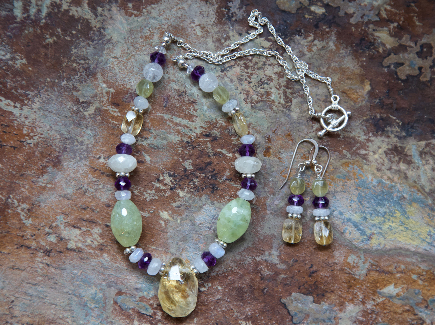 Citrine, Prehnite, Amethyst, Colorless Calcite, Rainbow Moonstone, Clear Quartz, and Sterling Silver Necklace and Earrings Set