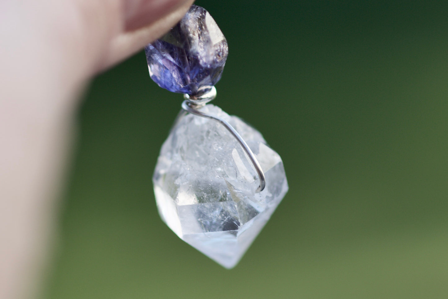 Double Termination Tibetan Quartz Crystal, Iolite, Thai and Sterling Silver Pendant Necklace