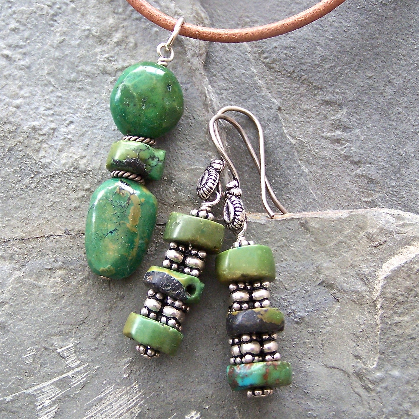Chinese Turquoise, Bali and Sterling Silver Earrings and Necklace Set