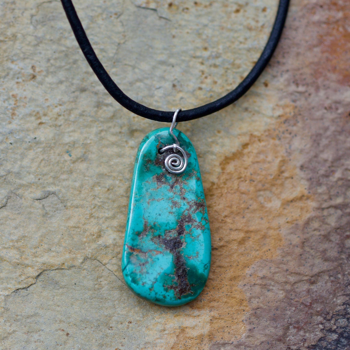 Simple Turquoise and Sterling Silver Pendant on an Adjustable Leather Cord