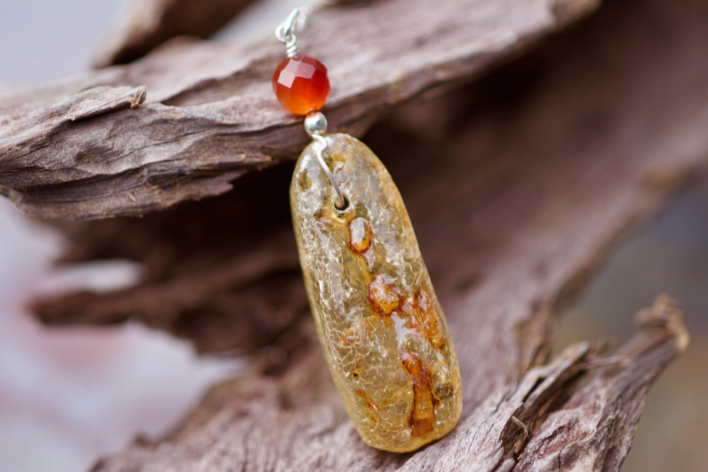 Amber, Carnelian, and Sterling Silver Pendant Necklace