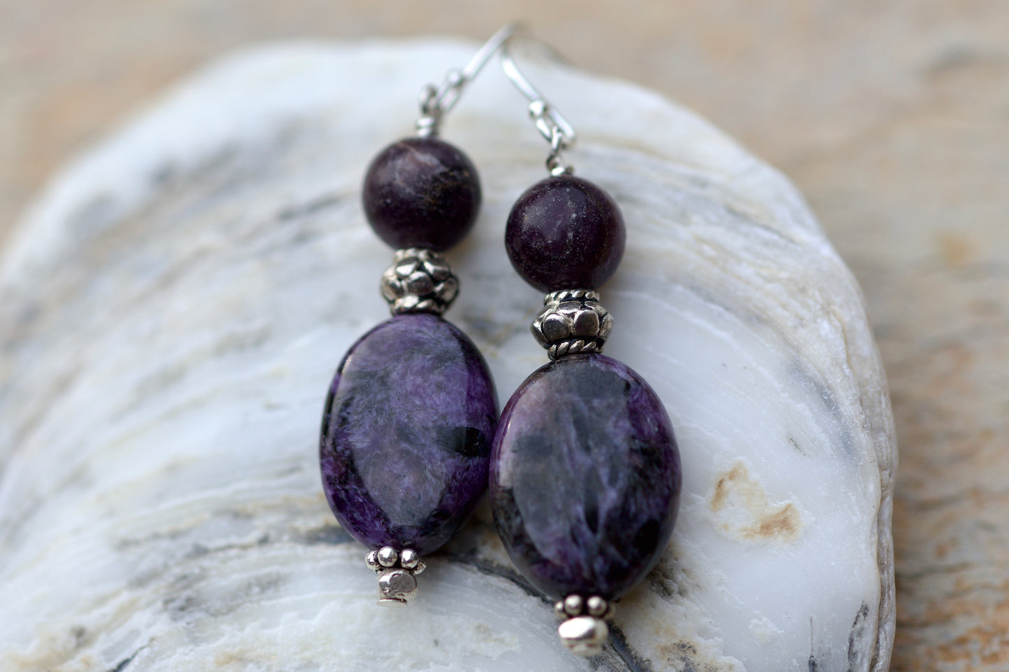 Charoite, Lepidolite, and Sterling Silver Earrings