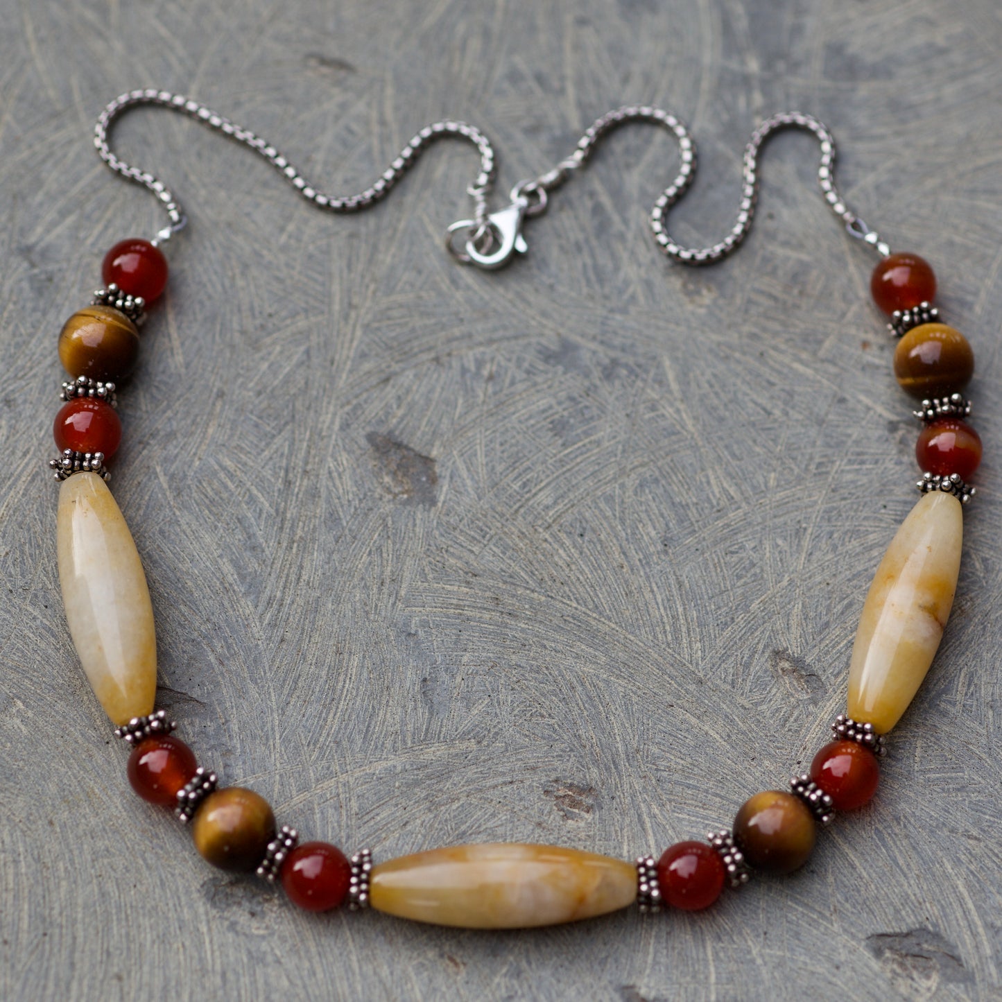 Agate, Carnelian, Tiger Eye, and Sterling Silver Necklace